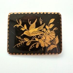 Vintage mid-century French Brooch Gold-gilt bird black enamel black background